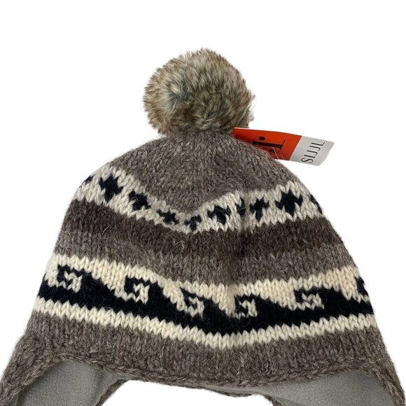 Nepal Wool Hat Brown Knit Ear Flaps with Pompoms Fleece Lined by Sijjl NWT - Picture 6 of 10